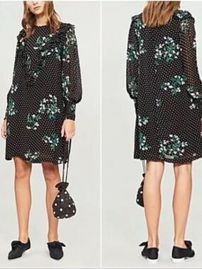 GANNI Rometty Georgette Floral Polka Dot Ruffle Mini Dress Black Cottage EU 34